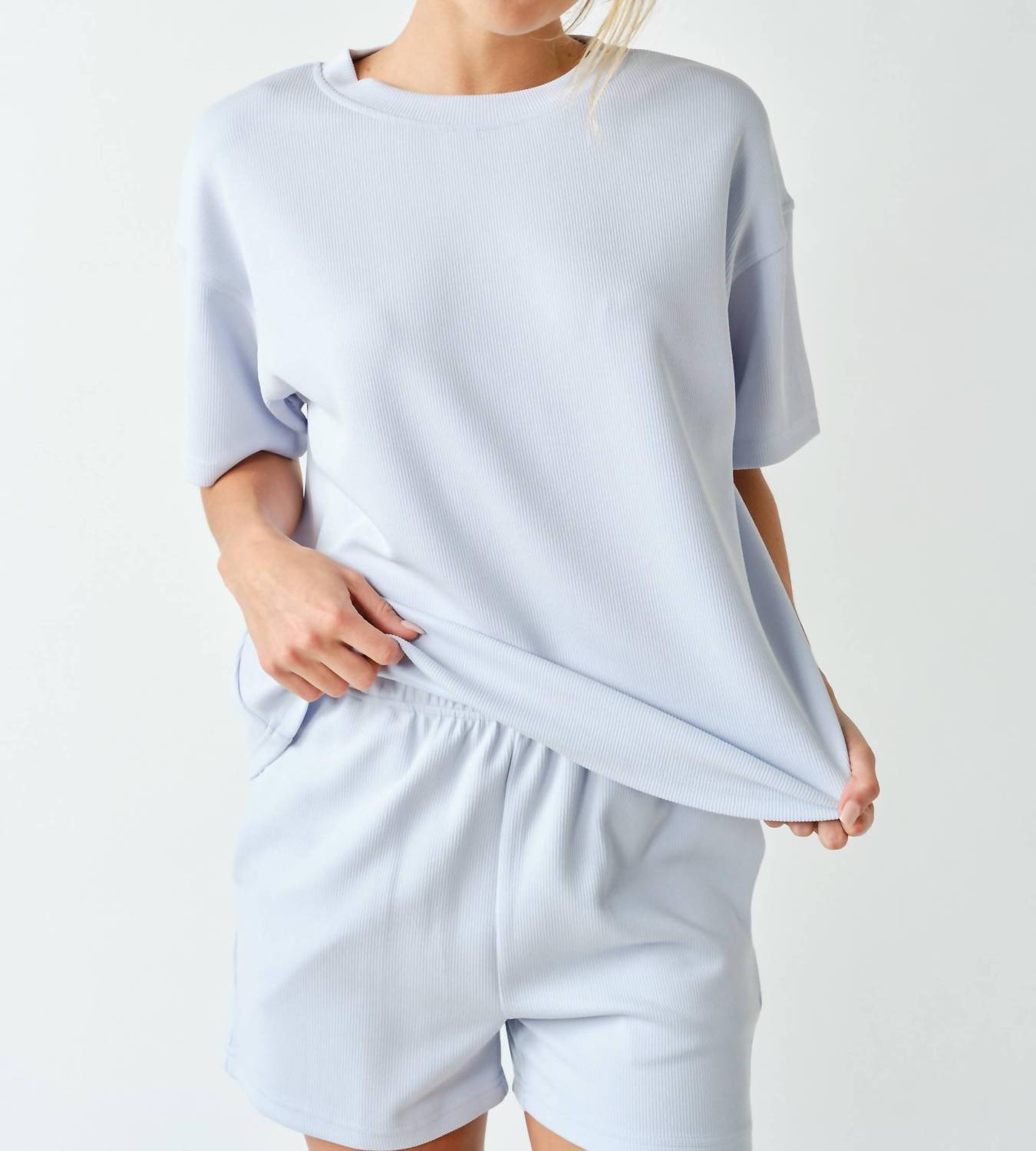 New Mono B Luxe Sand Wash Rib Classic Tee Set In Halogen Blue
